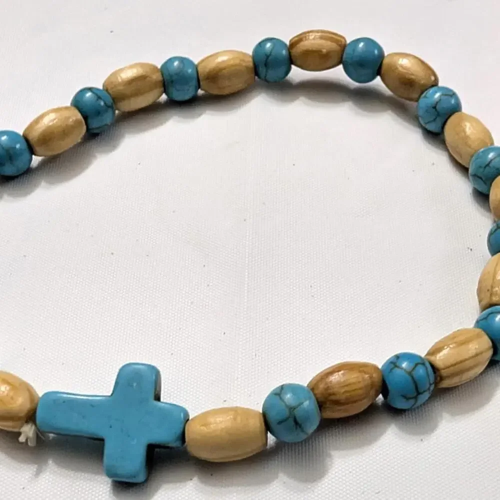 Handcrafted Faux Turquoise Cross‎ Wooden Beaded Beads Bracelet Faith Stretch